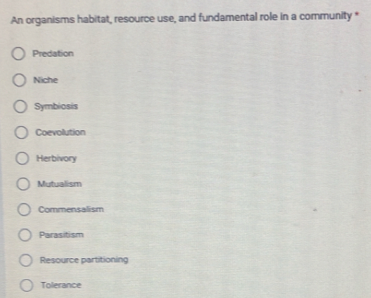 Solved: An organisms habitat, resource use, and fundamental role in a ...