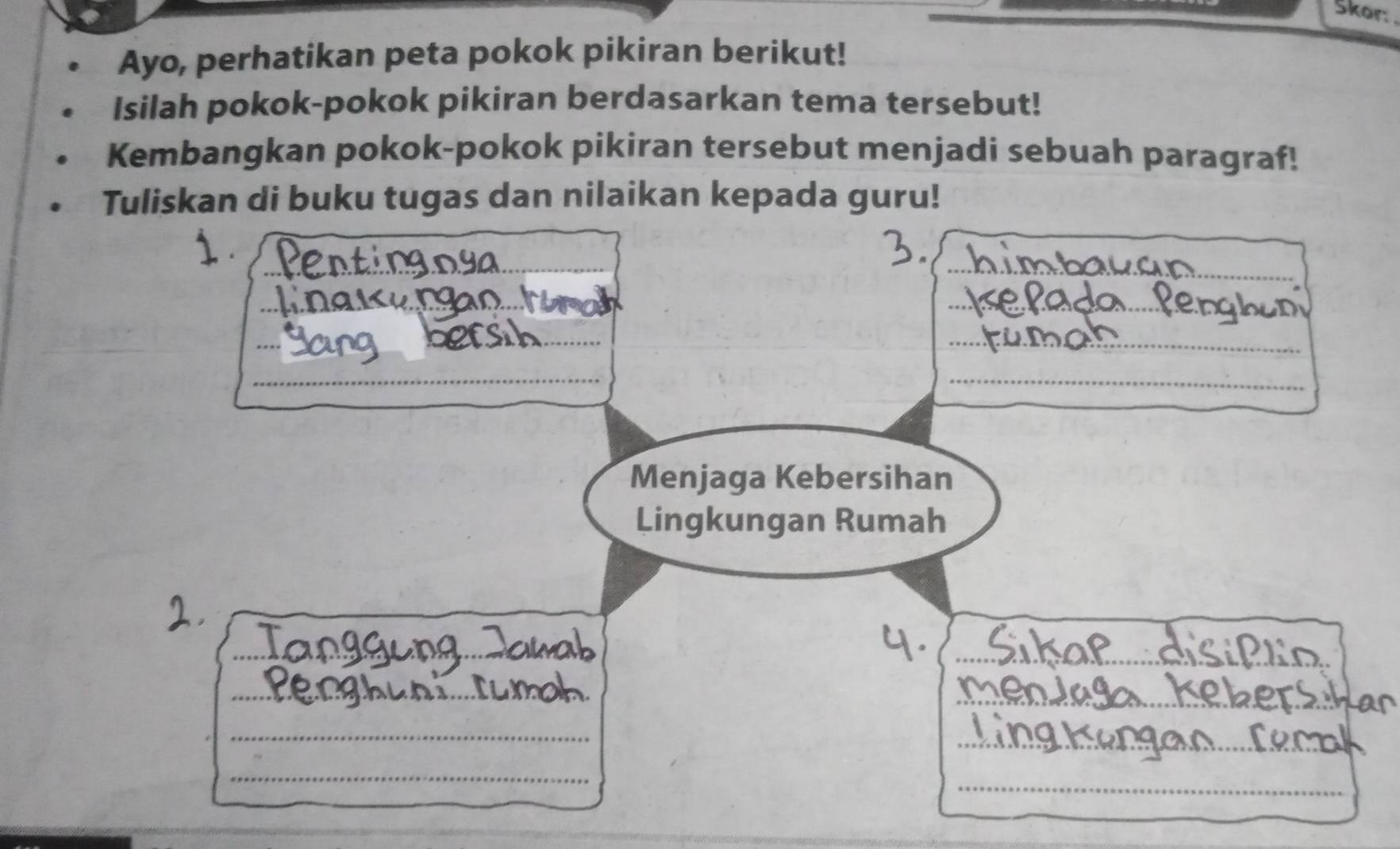 Skor: 
Ayo, perhatikan peta pokok pikiran berikut! 
Isilah pokok-pokok pikiran berdasarkan tema tersebut! 
Kembangkan pokok-pokok pikiran tersebut menjadi sebuah paragraf! 
Tkan di buku tugas dan nilaikan kepada guru!