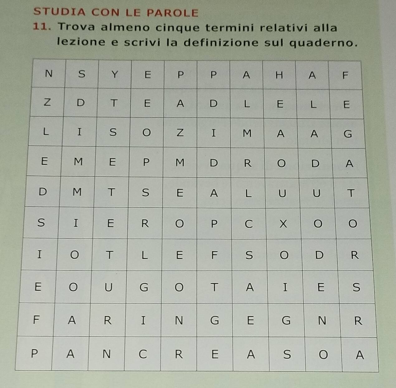 STUDIA CON LE PAROLE 
11. Trova almeno cinque termini relativi alla 
lezione e scrivi la definizione sul quaderno.