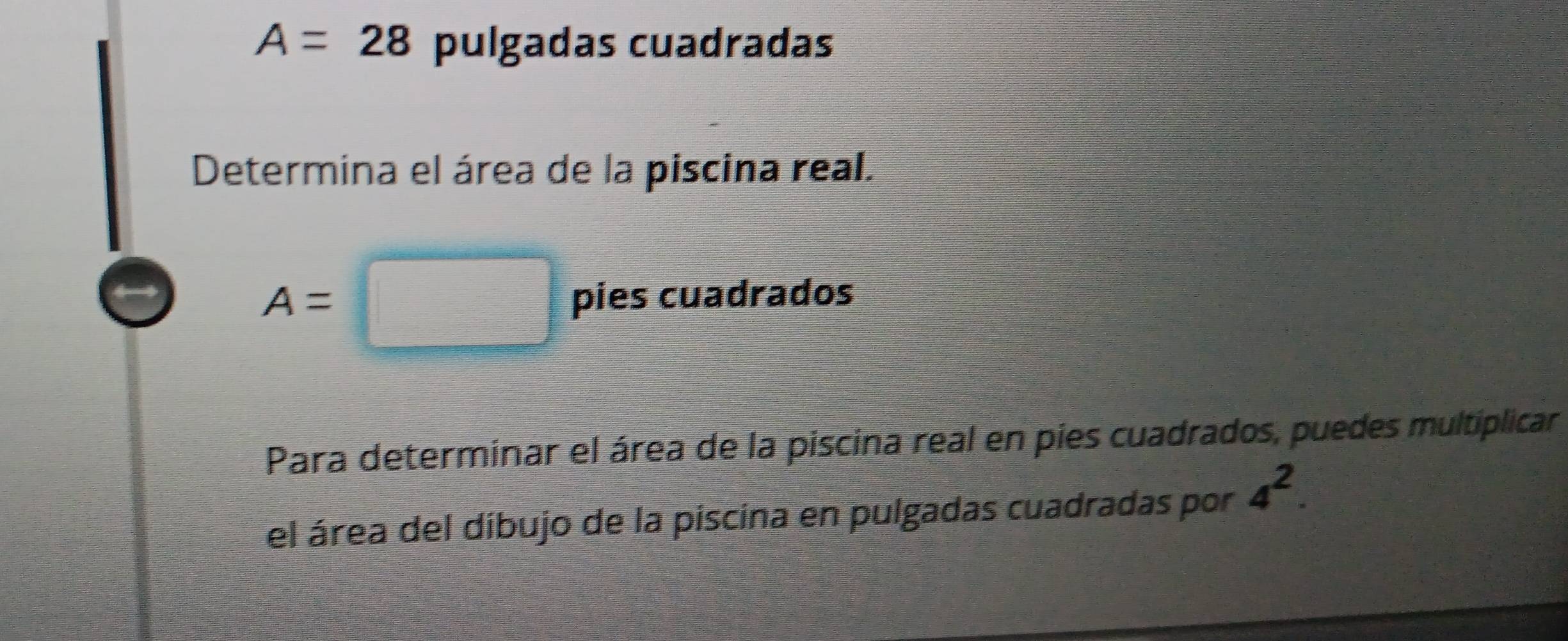 A=28 pulgadas cuadradas 
Determina el área de la piscina real.
A= □ pies cuadrados 
Para determinar el área de la piscina real en pies cuadrados, puedes multiplicar 
el área del díbujo de la piscina en pulgadas cuadradas por 4^2.