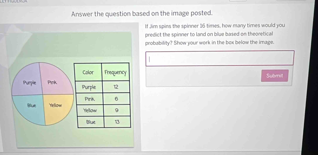 LEY FIGUEROA 
Answer the question based on the image posted. 
If Jim spins the spinner 16 times, how many times would you 
predict the spinner to land on blue based on theoretical 
probability? Show your work in the box below the image. 
Submit 
Purple Pink 
Blue Yellow