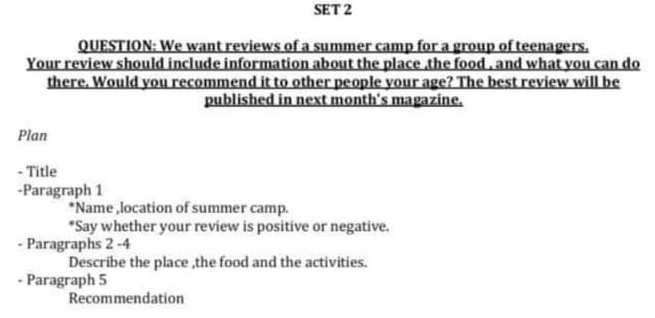 SET 2 
QUESTION: We want reviews of a summer camp for a group of teenagers. 
Your review should include information about the place .the food , and what you can do 
there. Would you recommend it to other people your age? The best review will be 
published in next month's magazine. 
Plan 
- Title 
-Paragraph 1 
*Name ,location of summer camp. 
*Say whether your review is positive or negative. 
- Paragraphs 2 -4 
Describe the place ,the food and the activities. 
- Paragraph 5 
Recommendation