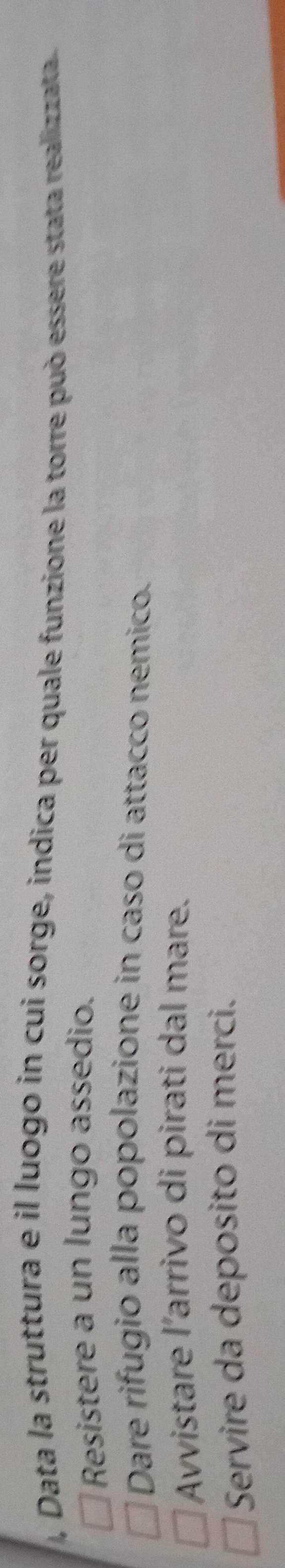 Data la struttura e il luogo in cui sorge, indica per quale funzione la torre può essere stata realizzata
Resistere a un lungo assedio.
Dare rifugio alla popolazione in caso di attacco nemico.
Avvistare l’arrivo di pirati dal mare.
Servire da deposito di merci.