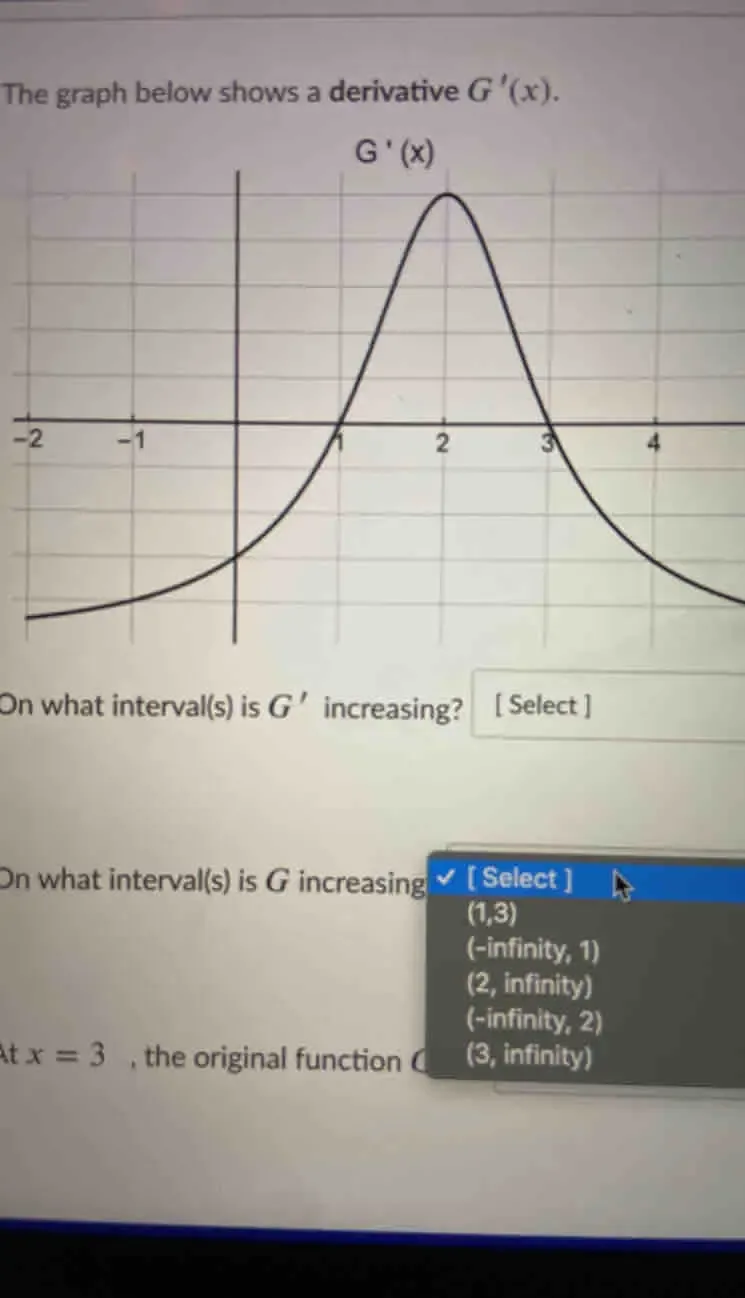 Solved: The graph below shows a derivative G'(x). - On what interval(s ...