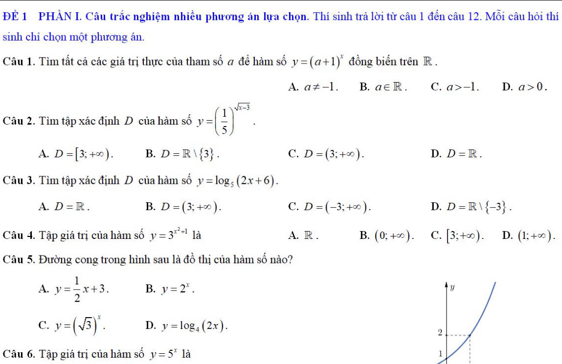 ĐÉ 1 PHẢN I. Câu trắc nghiệm nhiều phương án lựa chọn. Thí sinh trả lời từ câu 1 đến câu 12. Mỗi câu hỏi thí
sinh chỉ chọn một phương án.
Câu 1. Tìm tất cả các giá trị thực của tham số # để hàm số y=(a+1)^x đồng biến trên R.
A. a!= -1. B. a∈ R. C. a>-1. D. a>0. 
Câu 2. Tìm tập xác định D của hàm số y=( 1/5 )^sqrt(x-3).
A. D=[3;+∈fty ). B. D=R| 3. C. D=(3;+∈fty ). D. D=R. 
Câu 3. Tìm tập xác định D của hàm số y=log _5(2x+6).
A. D=R. B. D=(3;+∈fty ). C. D=(-3;+∈fty ). D. D=R/ -3. 
Câu 4. Tập giá trị của hàm số y=3^(x^2)+1 là A. R . B. (0;+∈fty ). C. [3;+∈fty ). D. (1;+∈fty ). 
Câu 5. Đường cong trong hình sau là đồ thị của hàm số nào?
A. y= 1/2 x+3. B. y=2^x. y
C. y=(sqrt(3))^x. D. y=log _4(2x). 
2
Câu 6. Tập giá trị của hàm số y=5^x1a
1