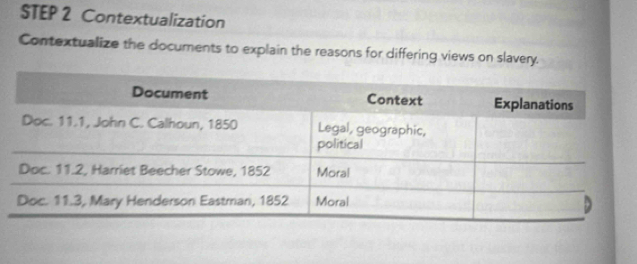 Contextualization 
Contextualize the documents to explain the reasons for differing views on slavery.