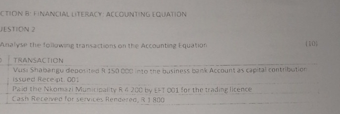 CTION B: FINANCIAL LITERACY: ACCOUNTING EQUATION 
JESTION 2 
Analyse the following transactions on the Accounting Equation (10) 
TRANSACTION 
Vusi Shabangu deposited R 150 000 into the business bank Account as capital contribution 
Issued Receipt. 001
Paid the Nkomazi Municipality R 4 200 by EFT 001 for the trading licence 
Cash Received for services Rendered, R 1 800