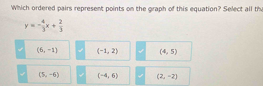 Which ordered pairs represent points on the graph of this equation? Select all tha
y=- 4/3 x+ 2/3 
(6,-1)
(-1,2)
(4,5)
(5,-6)
(-4,6)
(2,-2)