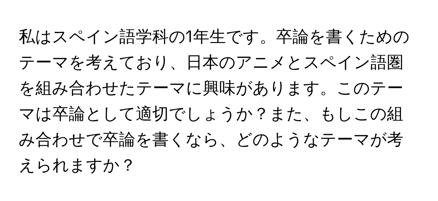 私はスペイン語学科の1年生です。卒論を書くためのテーマを考えており、日本のアニメとスペイン語圏を組み合わせたテーマに興味があります。このテーマは卒論として適切でしょうか？また、もしこの組み合わせで卒論を書くなら、どのようなテーマが考えられますか？