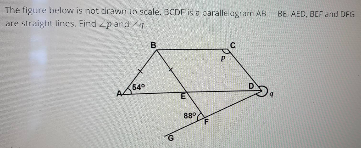 The figure below is not drawn to scale. BCDE is a parallelogram AB=BE. AED, BEF and DFG
are straight lines. Find ∠ p and ∠ q.