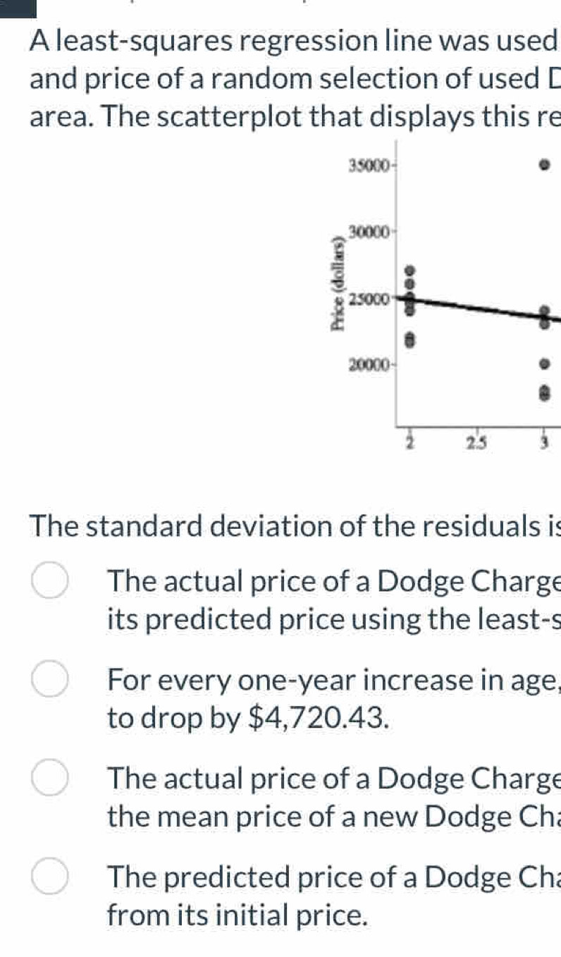 A least-squares regression line was used
and price of a random selection of used D
area. The scatterplot that displays this re
35000
30000
25000
20000
2 2.5 3
The standard deviation of the residuals is
The actual price of a Dodge Charge
its predicted price using the least-s
For every one-year increase in age,
to drop by $4,720.43.
The actual price of a Dodge Charge
the mean price of a new Dodge Cha
The predicted price of a Dodge Cha
from its initial price.