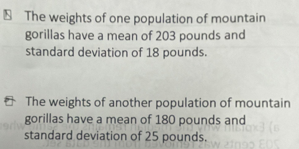 The weights of one population of mountain 
gorillas have a mean of 203 pounds and 
standard deviation of 18 pounds. 
The weights of another population of mountain 
gorillas have a mean of 180 pounds and 
standard deviation of 25 pounds.