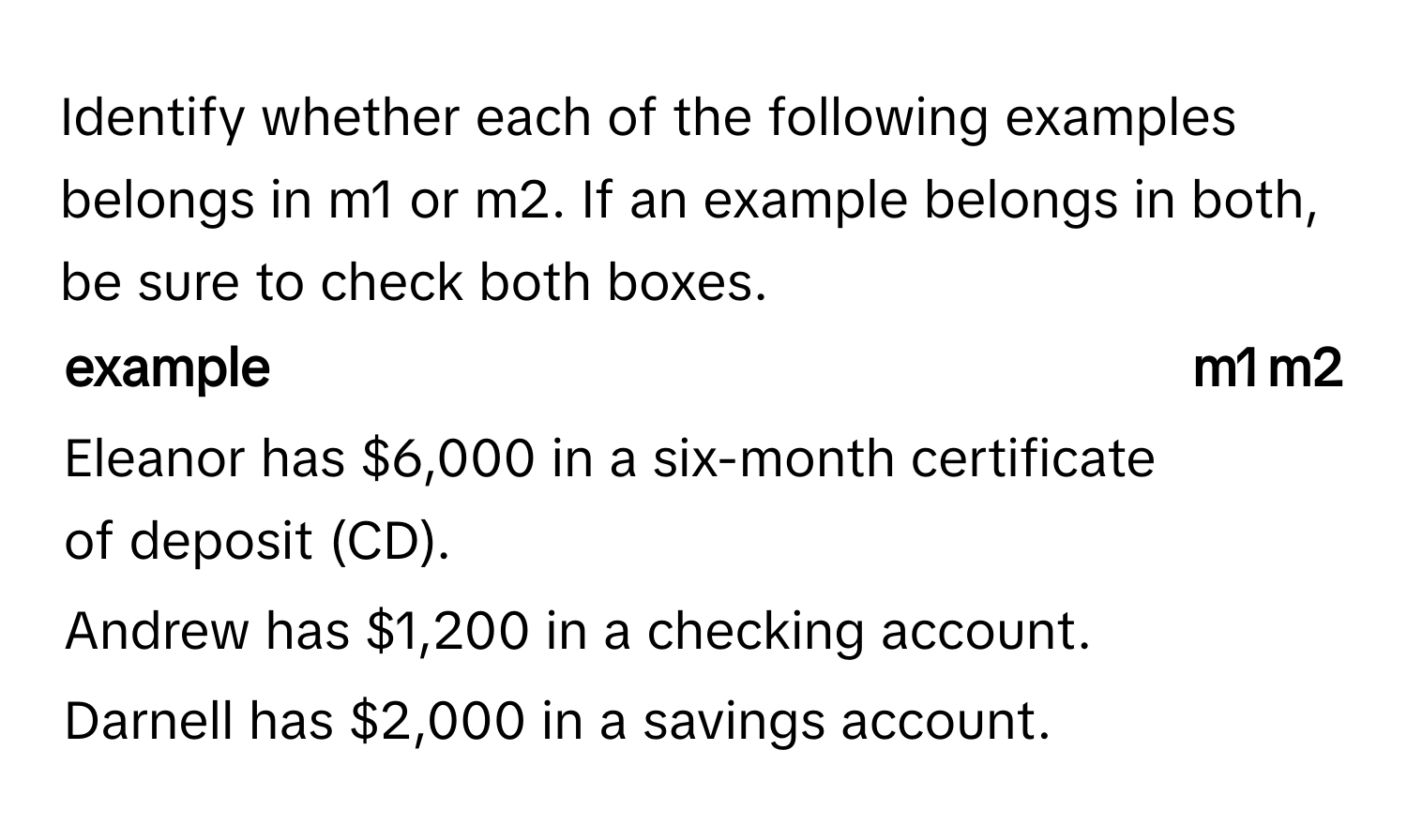 Identify whether each of the following examples belongs in m1 or m2. If an example belongs in both, be sure to check both boxes.

example | m1 | m2
------- | -------- | --------
Eleanor has $6,000 in a six-month certificate of deposit (CD). |  | 
Andrew has $1,200 in a checking account. |  | 
Darnell has $2,000 in a savings account. |  |