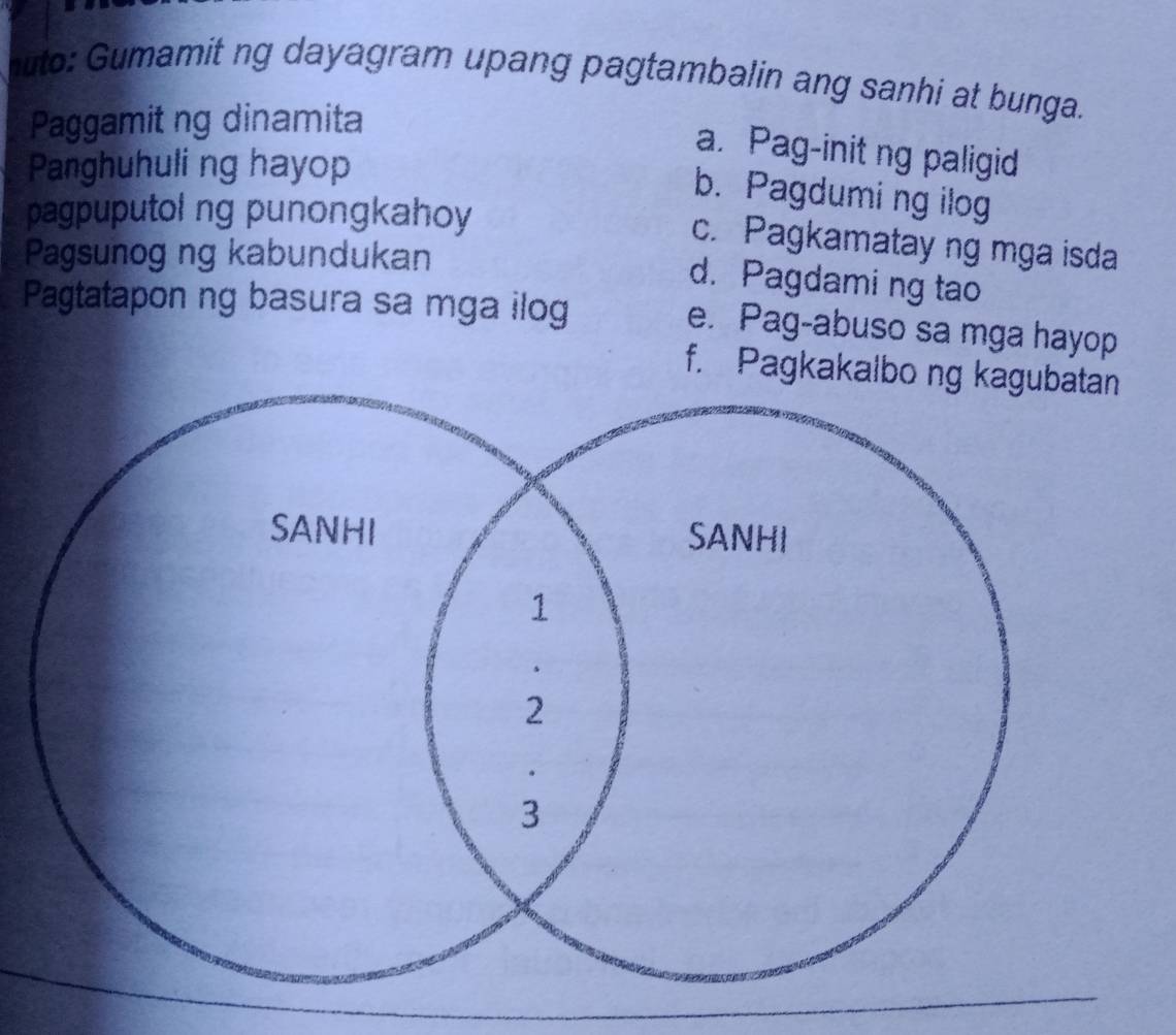 huto: Gumamit ng dayagram upang pagtambalin ang sanhi at bunga.
Paggamit ng dinamita
a. Pag-init ng paligid
Panghuhuling hayop
b. Pagdumi ng ilog
pagpuputol ng punongkahoy
c. Pagkamatay ng mga isda
Pagsunog ng kabundukan
d. Pagdaming tao
Pagtatapon ng basura sa mga ilog
e. Pag-abuso sa mga hayop
f. Pagkakalbo ng kagubatan