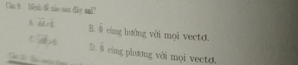 Mệnh đề nào sau đây sai?
A overline AA=overline D
B. vector 0 cùng hướng với mọi vecto.
C overline AB>0 D. vector 0 cùng phương với mọi vecto.
Các lồ Tà nc đực