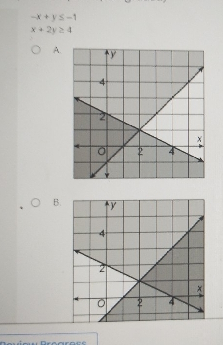 -x+y≤ -1
x+2y≥ 4
A.
B.
o a e s s