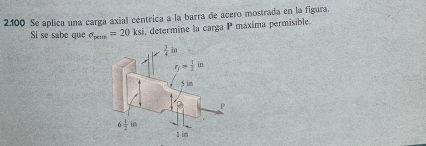 2.100 Se aplica una carga axial céntrica a la barra de acero mostrada en la figura.
Si se sabe que sigma _pros=20ksi i, determine la carga P máxima permisible.