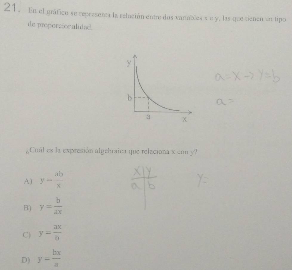 En el gráfico se representa la relación entre dos variables x e y, las que tienen un tipo
de proporcionalidad.
¿Cuál es la expresión algebraica que relaciona x con y?
A) y= ab/x 
B) y= b/ax 
C) y= ax/b 
D) y= bx/a 