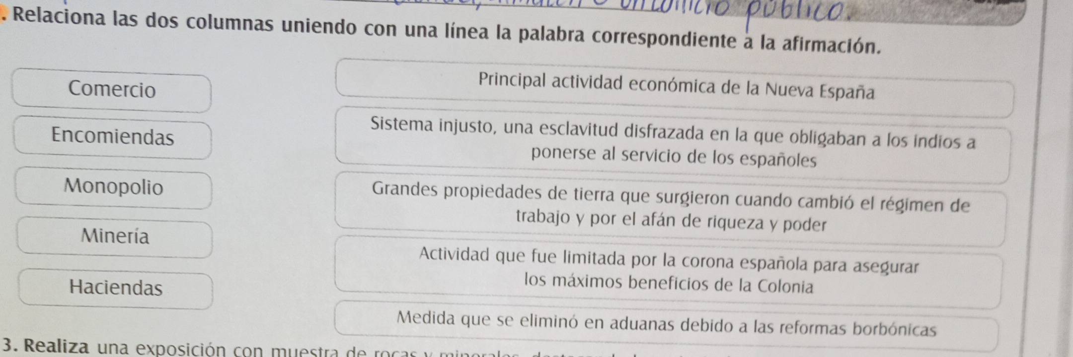 Relaciona las dos columnas uniendo con una línea la palabra correspondiente a la afirmación.
Comercio
Principal actividad económica de la Nueva España
Sistema injusto, una esclavitud disfrazada en la que obligaban a los indios a
Encomiendas ponerse al servicio de los españoles
Monopolio
Grandes propiedades de tierra que surgieron cuando cambió el régimen de
trabajo y por el afán de riqueza y poder
Minería
Actividad que fue limitada por la corona española para asegurar
Haciendas
los máximos beneficios de la Colonia
Medida que se eliminó en aduanas debido a las reformas borbónicas
3. Realiza una exposición con muestra de ror