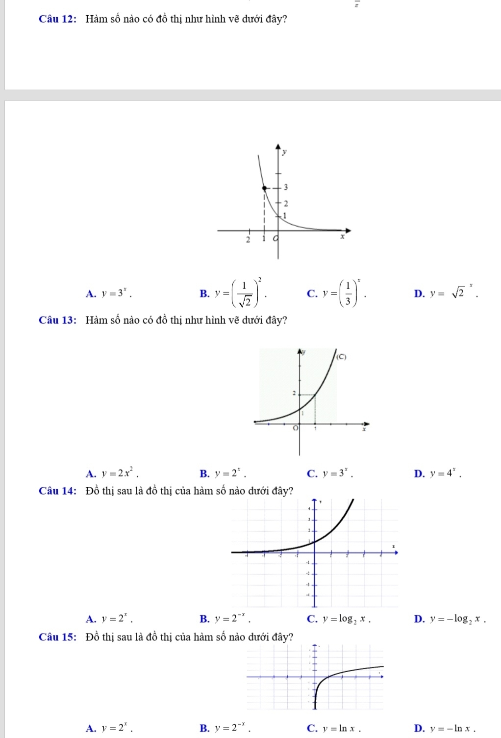 Hàm số nào có đồ thị như hình vẽ dưới đây?
A. y=3^x. B. y=( 1/sqrt(2) )^2. C. y=( 1/3 )^x. D. y=sqrt 2^(x. 
Câu 13: Hàm số nào có đồ thị như hình vẽ dưới đây?
A. y=2x^2). B. y=2^x. C. y=3^x. D. y=4^x. 
Câu 14: Đồ thị sau là đồ thị của hàm số nào dưới đây?
A. y=2^x. B. y=2^(-x). C. y=log _2x. D. y=-log _2x. 
Câu 15: Đồ thị sau là đồ thị của hàm số nào dưới đây?
A. y=2^x. B. y=2^(-x). C. y=ln x. D. y=-ln x.