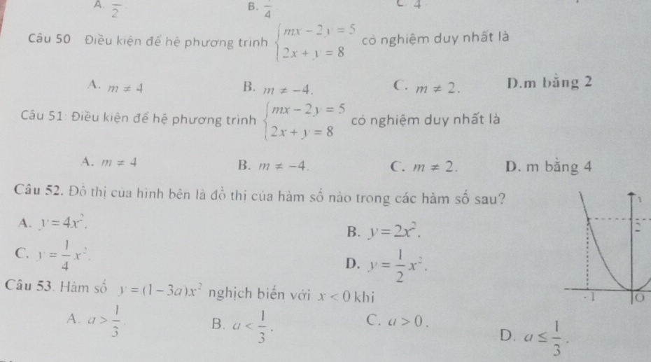 A. overline 2 frac 4 C 4
B.
Câu 50 Điều kiện để hệ phương trình beginarrayl mx-2,=5 2x+y=8endarray. có nghiệm duy nhất là
A. m!= 4 B. m!= -4. m!= 2. D.m bằng 2
C.
Câu 51: Điều kiện để hệ phương trình beginarrayl mx-2y=5 2x+y=8endarray. có nghiệm duy nhất là
A. m!= 4 B. m!= -4. C. m!= 2. D. m bằng 4
Câu 52. Đồ thị của hình bên là đồ thị của hàm số nào trong các hàm số sau?
A. y=4x^2.
B. y=2x^2.
C. y= 1/4 x^2.
D. y= 1/2 x^2. 
Câu 53. Hàm số y=(1-3a)x^2 nghịch biến với x<0</tex> khi
A. a> 1/3 
B. a .
C. a>0.
D. a≤  1/3 .