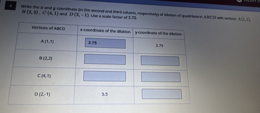 Write the z and y coordinate (in the second and third column, respectively) of dilation of quadrilateral ABCD with vertices B(2,2),C(4,1) and D(2,-1). Use a scale factor of 2.75
A(1,1),