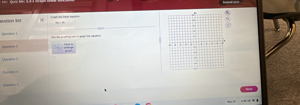 Me: Quiz Me: 3.3-1 Graph linear Submit quiz 
estion list Graph the linear equation.
f(x)=8x
Question 1 
Use the graphing tool to graph the equation. 
Question 2 Click to enlarge 
graph 
Question 3 
Questian 4 
Question S 
Next 
Nov 22 2 5B Us