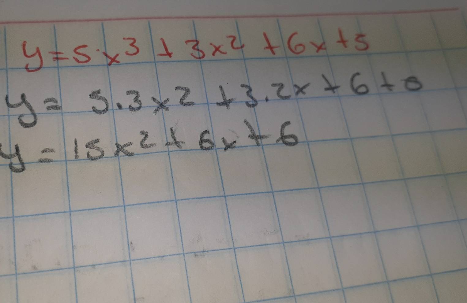 y=5x^3+3x^2+6x+5
y=5.3x^2+3.2x+6+0
y=15x^2+6x+6