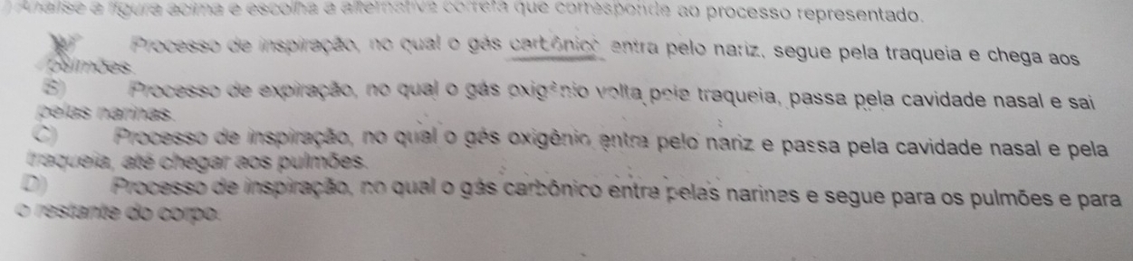 Analise a fígura acima e escolha a alternativa correta que corresponde ao processo representado.
Processo de inspiração, no qual o gás cartônico, entra pelo nariz, segue pela traqueia e chega aos
palmões
8) Processo de expiração, no qual o gás oxigânio volta poie traqueia, passa pela cavidade nasal e sai
pelas narinas.
C) Processo de inspiração, no qual o gés oxigênio entra pelo nariz e passa pela cavidade nasal e pela
traqueia, até chegar aos pulmões.
D) Processo de inspiração, no qual o gás carbônico entra pelas narines e segue para os pulmões e para
o restante do corpo.