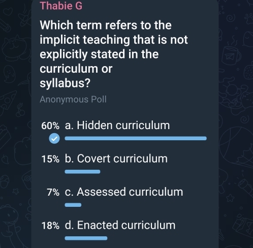 Thabie G
Which term refers to the
implicit teaching that is not
explicitly stated in the
curriculum or
syllabus?
Anonymous Poll
60% a. Hidden curriculum
15% b. Covert curriculum
7% c. Assessed curriculum
18% d. Enacted curriculum