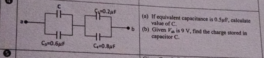 C_1=0.2mu F
(a) If equivalent capacitance is 0.5µF, calculate 
a 
value of C. 
b (b) Given V_ab is 9 V, find the charge stored in 
capacitor C.
C_3=0.6mu F
C_4=0.8mu F