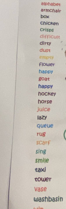 alphabet 
armchair 
box 
chicken 
Crisps 
difficult 
dirty 
dust 
empcy 
flower 
happy 
goat 
happy 
hockey 
horse 
juice 
lazy 
queue 
rug 
scarf 
sing 
smile 
taxi 
tower 
vase 
washbasin