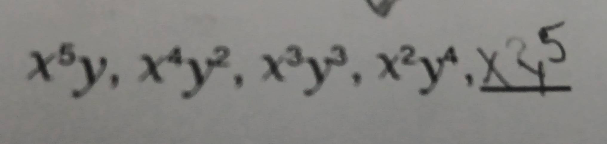 x^5y, x^4y^2, x^3y^3, x^2y^4, _