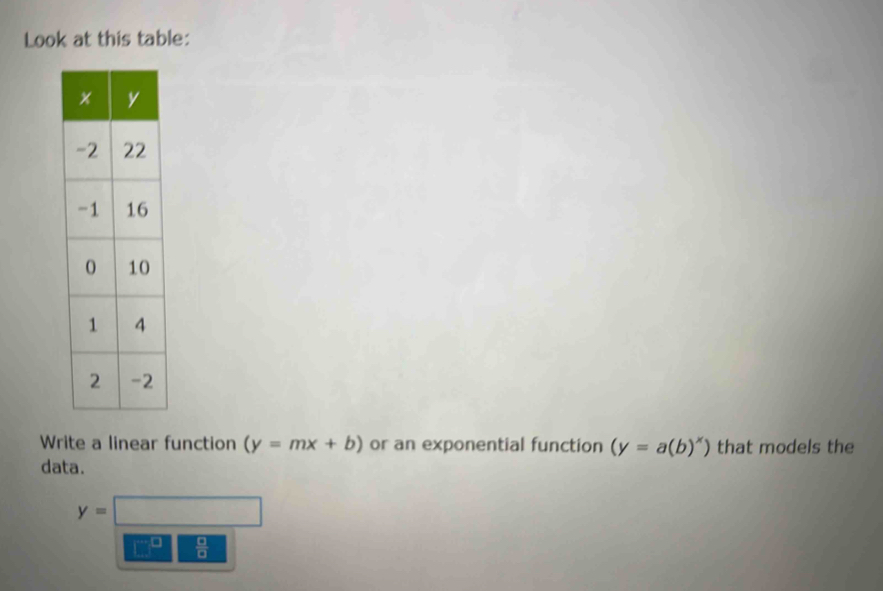 Look at this table: 
Write a linear function (y=mx+b) or an exponential function (y=a(b)^x) that models the 
data.
y=□
 □ /□  