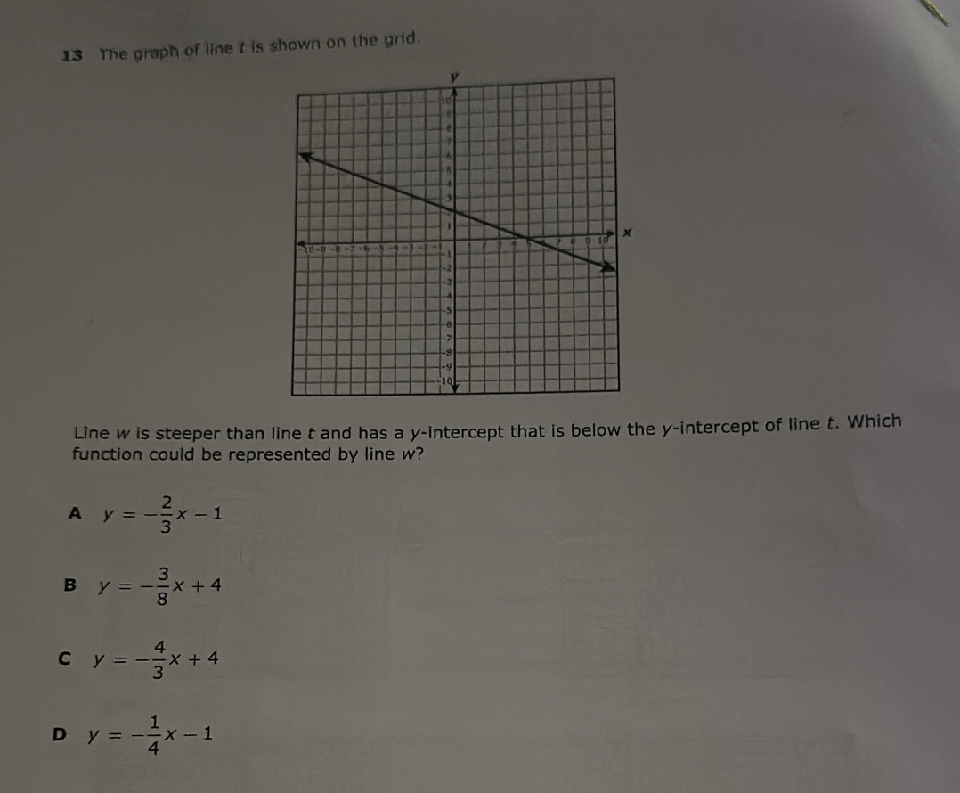 The graph of line t is shown on the grid.
Line w is steeper than line t and has a y-intercept that is below the y-intercept of line t. Which
function could be represented by line w?
A y=- 2/3 x-1
B y=- 3/8 x+4
C y=- 4/3 x+4
D y=- 1/4 x-1