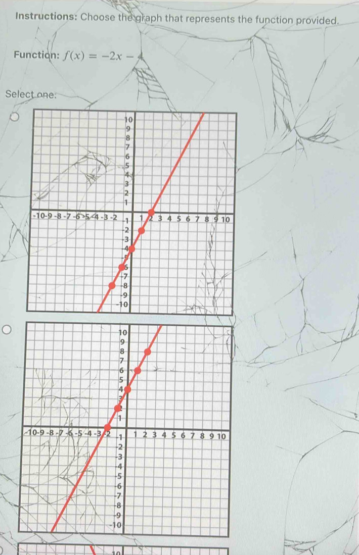 Instructions: Choose the graph that represents the function provided. 
Function: f(x)=-2x-
Select one: