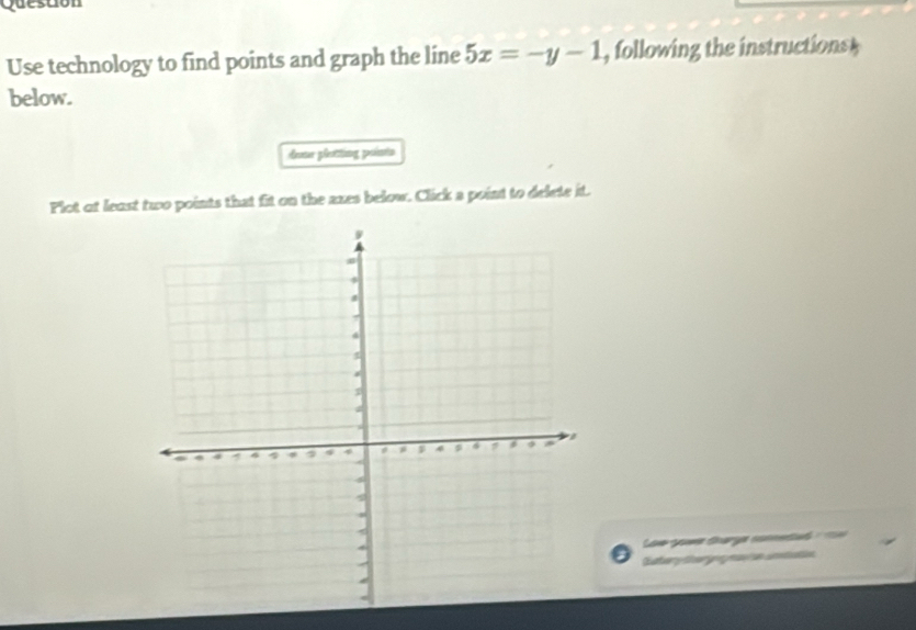 Question 
Use technology to find points and graph the line 5x=-y-1 , following the instructions) 
below. 
done platting points 
Plot at least two points that fit on the axes below. Click a point to delete it. 
Lan Sme Goarge caeat 
Estery Shorgngmain uma