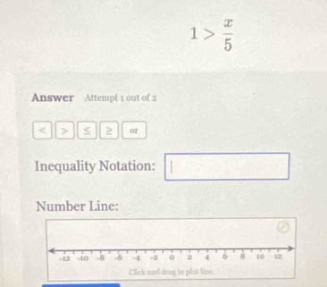 1> x/5 
Answer Attempt 1 out of 2
< > 2 or 
Inequality Notation: □ □ 
Number Line: