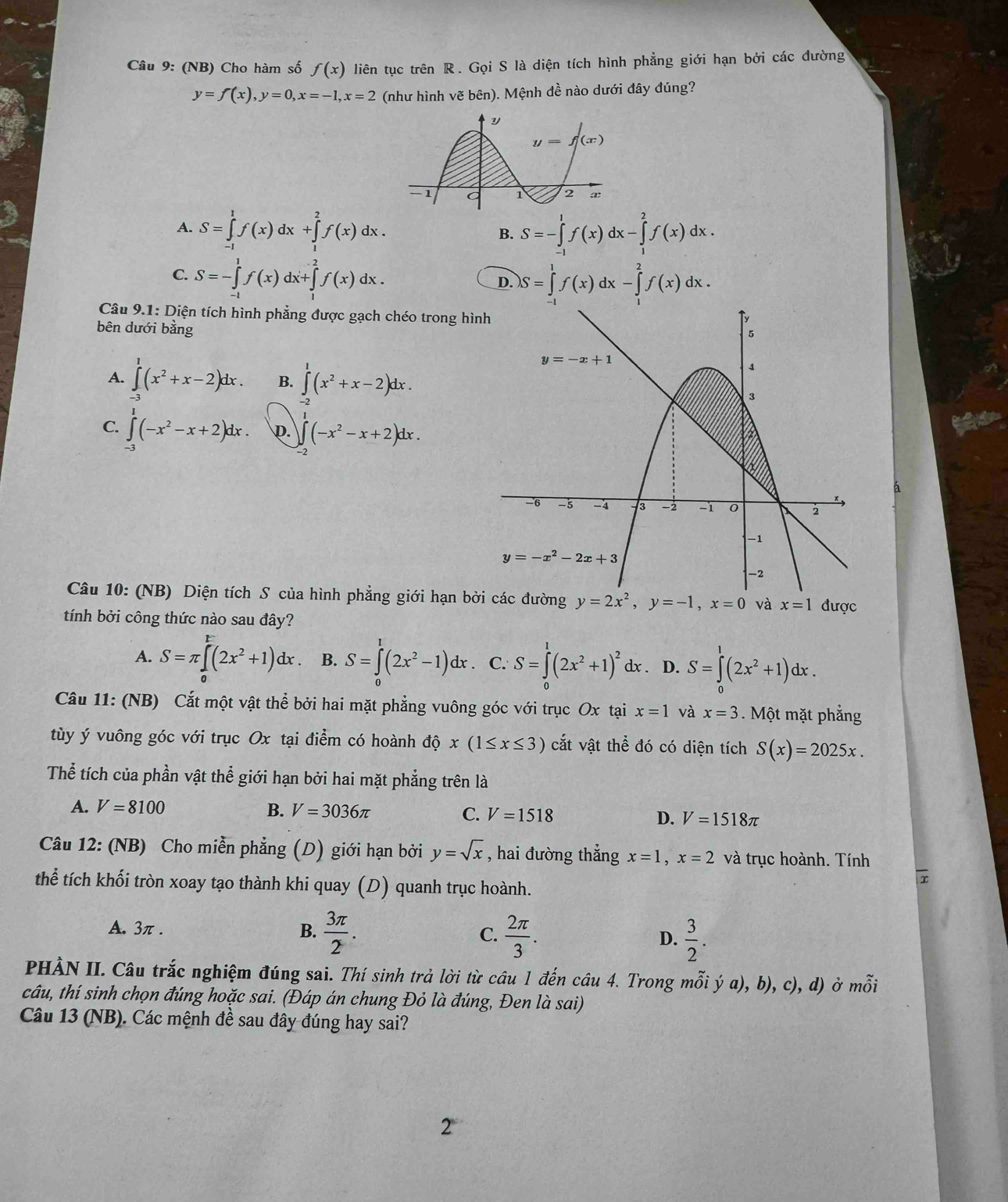 (NB) Cho hàm số f(x) liên tục trên R. Gọi S là diện tích hình phẳng giới hạn bởi các đường
y=f(x),y=0,x=-1,x=2 (như hình vẽ bên). Mệnh đề nào dưới đây đúng?
A. S=∈tlimits _(-1)^1f(x)dx+∈tlimits _1^(2f(x)dx. S=-∈tlimits _(-1)^1f(x)dx-∈tlimits _1^2f(x)dx.
B.
C. S=-∈tlimits _(-1)^1f(x)dx+∈tlimits _1^2f(x)dx.
D. )S=∈tlimits _(-1)^1f(x)dx-∈tlimits _1^2f(x)dx.
Câu 9.1: Diện tích hình phẳng được gạch chéo trong hì
bên dưới bằng
A. ∈t (x^2)+x-2)dx. B. ∈tlimits _(-2)^1(x^2+x-2)dx.
C. ∈tlimits _(-3)^1(-x^2-x+2)dx. p. ∈t (-x^2-x+2)dx.
á
Câu 10: (NB) Diện tích S của hình phẳng giới hạn bở y=2x^2,y=-1,x=0 và x=1 được
tính bởi công thức nào sau đây?
A. S=π ∈tlimits _0^(E(2x^2)+1)dx. B. S=∈tlimits _0^(1(2x^2)-1)dx. C. S=∈tlimits _0^(1(2x^2)+1)^2d x . D. S=∈tlimits _0^(1(2x^2)+1)dx.
Câu 11: (NB) Cắt một vật thể bởi hai mặt phẳng vuông góc với trục Ox tại x=1 và x=3. Một mặt phẳng
tùy ý vuông góc với trục Ox tại điểm có hoành dhat Qx(1≤ x≤ 3) cắt vật thể đó có diện tích S(x)=2025x.
Thể tích của phần vật thể giới hạn bởi hai mặt phẳng trên là
A. V=8100 B. V=3036π C. V=1518 D. V=1518π
Câu 12: (NB) Cho miễn phẳng (D) giới hạn bởi y=sqrt(x) , hai đường thẳng x=1,x=2 và trục hoành. Tính
thể tích khối tròn xoay tạo thành khi quay (D) quanh trục hoành.
A. 3π . B.  3π /2 . C.  2π /3 . D.  3/2 .
PHÀN II. Câu trắc nghiệm đúng sai. Thí sinh trả lời từ câu 1 đến câu 4. Trong mỗi ý a), b), c), d) ở mỗi
câu, thí sinh chọn đúng hoặc sai. (Đáp án chung Đỏ là đúng, Đen là sai)
Câu 13 (NB). Các mệnh đề sau đây đúng hay sai?
2