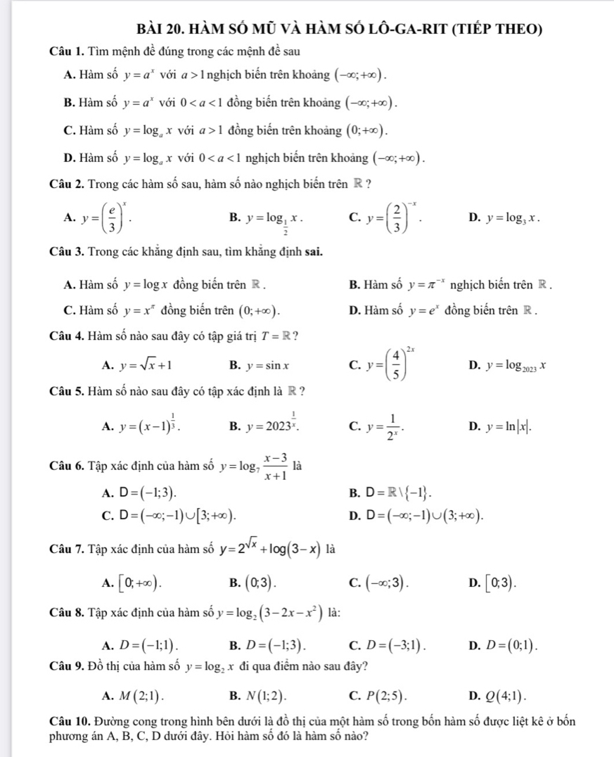 HàM SÓ mũ Và HàM SÓ lÔ-GA-RIT (TIÉP THEO)
Câu 1. Tìm mệnh đề đúng trong các mệnh đề sau
A. Hàm số y=a^x với a>1 nghịch biến trên khoảng (-∈fty ;+∈fty ).
B. Hàm số y=a^x với 0 đồng biến trên khoảng (-∈fty ;+∈fty ).
C. Hàm số y=log _ax với a>1 đồng biến trên khoảng (0;+∈fty ).
D. Hàm số y=log _ax với 0 nghịch biển trên khoảng (-∈fty ;+∈fty ).
Câu 2. Trong các hàm số sau, hàm số nào nghịch biến trên R ?
B. y=log _ 1/2 x.
C.
A. y=( e/3 )^x. y=( 2/3 )^-x. D. y=log _3x.
Câu 3. Trong các khăng định sau, tìm khăng định sai.
A. Hàm số y=log x đồng biến trên R . B. Hàm số y=π^(-x) nghịch biến trhat enR.
C. Hàm số y=x^(π) đồng biến trên (0;+∈fty ). D. Hàm số y=e^x đồng biến trên R .
Câu 4. Hàm số nào sau đây có tập giá trị T=R ?
A. y=sqrt(x)+1 B. y=sin x C. y=( 4/5 )^2x D. y=log _2023x
Câu 5. Hàm số nào sau đây có tập xác định là R ?
A. y=(x-1)^ 1/3 . B. y=2023^(frac 1)x. C. y= 1/2^x . D. y=ln |x|.
Câu 6. Tập xác định của hàm số y=log _7 (x-3)/x+1 la
A. D=(-1;3). D=R| -1 .
B.
C. D=(-∈fty ;-1)∪ [3;+∈fty ). D=(-∈fty ;-1)∪ (3;+∈fty ).
D.
Câu 7. Tập xác định của hàm số y=2^(sqrt(x))+log (3-x) là
A. [0;+∈fty ). B. (0;3). C. (-∈fty ;3). D. [0;3).
Câu 8. Tập xác định của hàm số y=log _2(3-2x-x^2) là:
A. D=(-1;1). B. D=(-1;3). C. D=(-3;1). D. D=(0;1).
Câu 9. Đồ thị của hàm số y=log _2x đi qua điểm nào sau đây?
A. M(2;1). B. N(1;2). C. P(2;5). D. Q(4;1).
Câu 10. Đường cong trong hình bên dưới là đồ thị của một hàm số trong bốn hàm số được liệt kê ở bốn
phương án A, B, C, D dưới đây. Hỏi hàm số đó là hàm số nào?