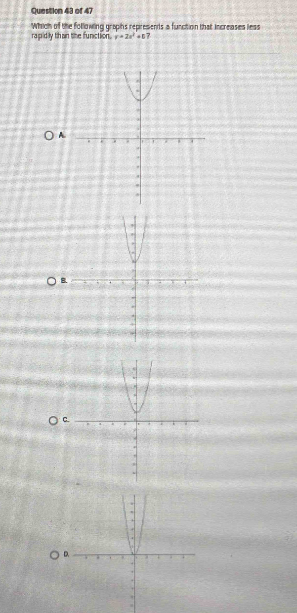 Which of the following graphs represents a function that increases less
rapidly than the function. y=2x^2+5 ?
A
C