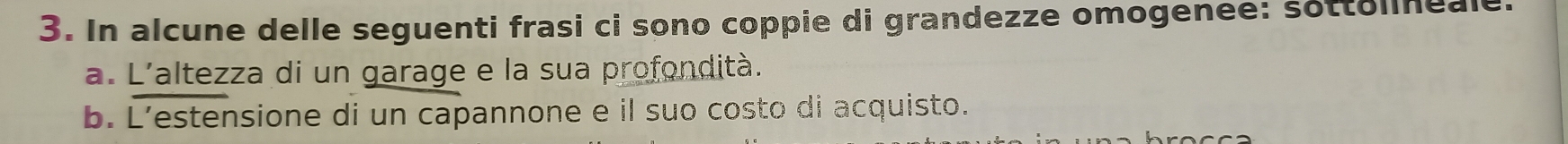 In alcune delle seguenti frasi ci sono coppie di grandezze omogenee: sottolneale. 
a. L'altezza di un garage e la sua profondità. 
b. L’estensione di un capannone e il suo costo di acquisto.