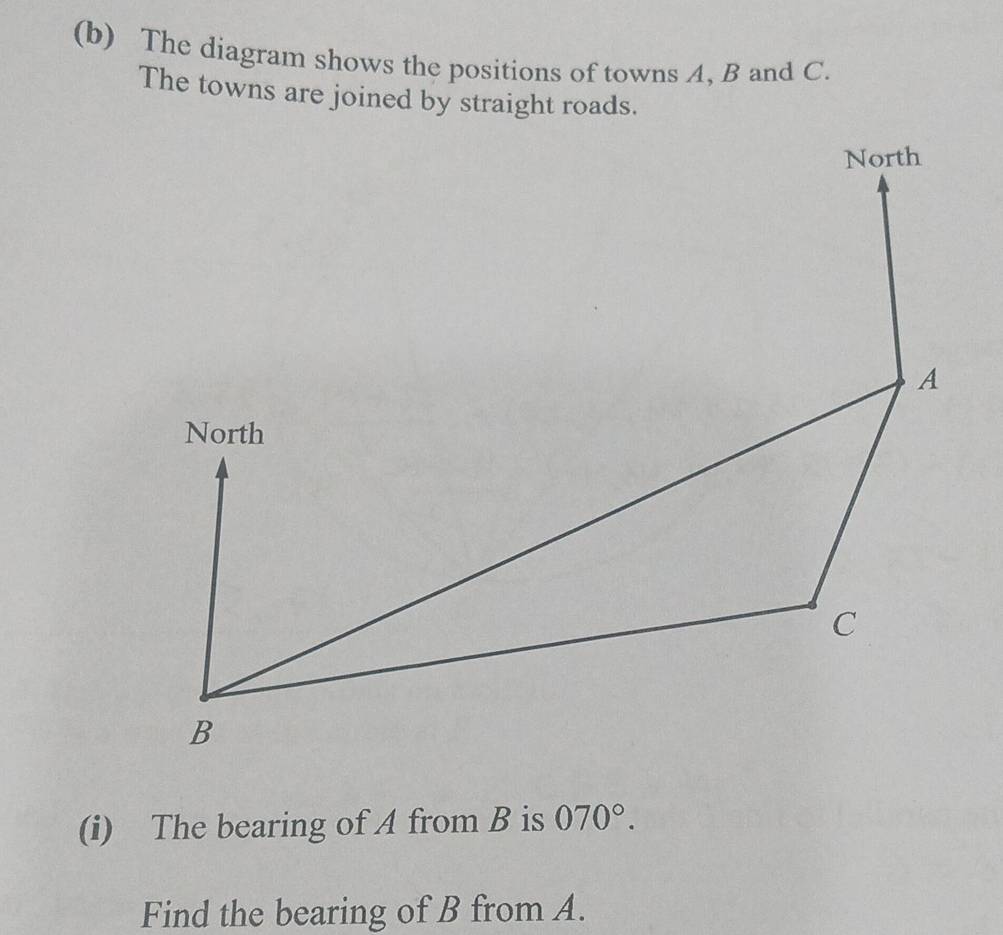 The diagram shows the positions of towns A, B and C. 
The towns are joined by straight roads. 
(i) The bearing of A from B is 070°. 
Find the bearing of B from A.