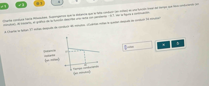 1 2 3 4 
Charlie conduce hacía Milwaukee. Supongamos que la distancia que le falta conducir (en millas) es una función lineal del tiempo que lleva conduciendo (en 
minutos). Al trazarlo, el gráfico de la función describe una recta con pendiente −0.7. Ver la figura a continuación. 
A Charlie le faltan 37 millas después de conducir 46 minutos. ¿Cuántas millas le quedan después de conducir 34 minutos? 
millas × 5