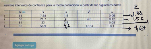 termina intervalos de confianza para la media poblacional a partir de los siguientes datos
Agregar entrega