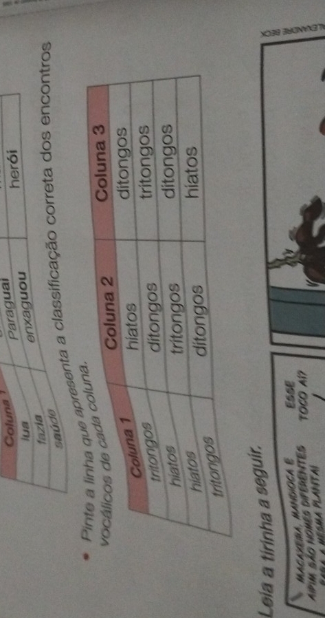 Coluna Paragual 
lua herói 
fazia enxaguou 
saúde 
apresenta a classificação correta dos encontros 
Leia a tirinha a seguir. 
MACAXERA, MANDIOGA E EssE 
AIpIM SÃo NOmEs DiFerEnTEs TOCO Al? 
z