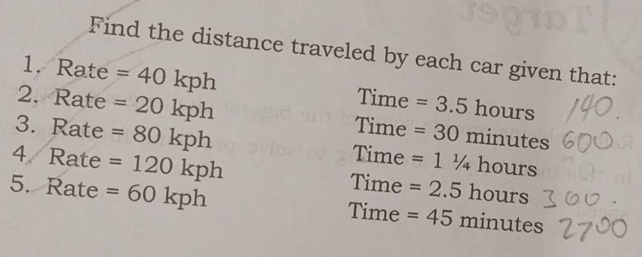 Find the distance traveled by each car given that: 
1. Rate =40kph hours
Time =3.5
2. Rate =20kph minutes
Time =30
3. Rate =80kph hours 
4 Rate =120kph
Time =11/4
5. Rate =60kph
Time =2.5 hours
Time =45 minu tes