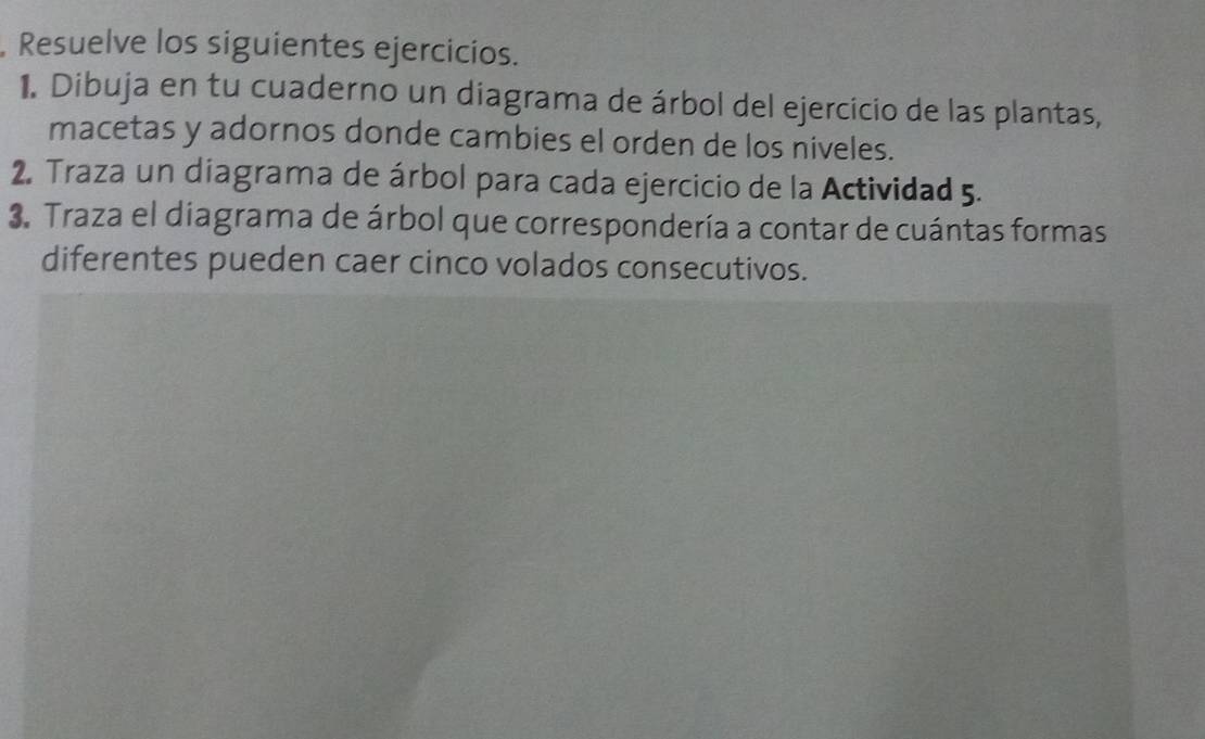 Resuelve los siguientes ejercicios. 
1. Dibuja en tu cuaderno un diagrama de árbol del ejercicio de las plantas, 
macetas y adornos donde cambies el orden de los niveles. 
2. Traza un diagrama de árbol para cada ejercicio de la Actividad 5. 
3. Traza el diagrama de árbol que correspondería a contar de cuántas formas 
diferentes pueden caer cinco volados consecutivos.