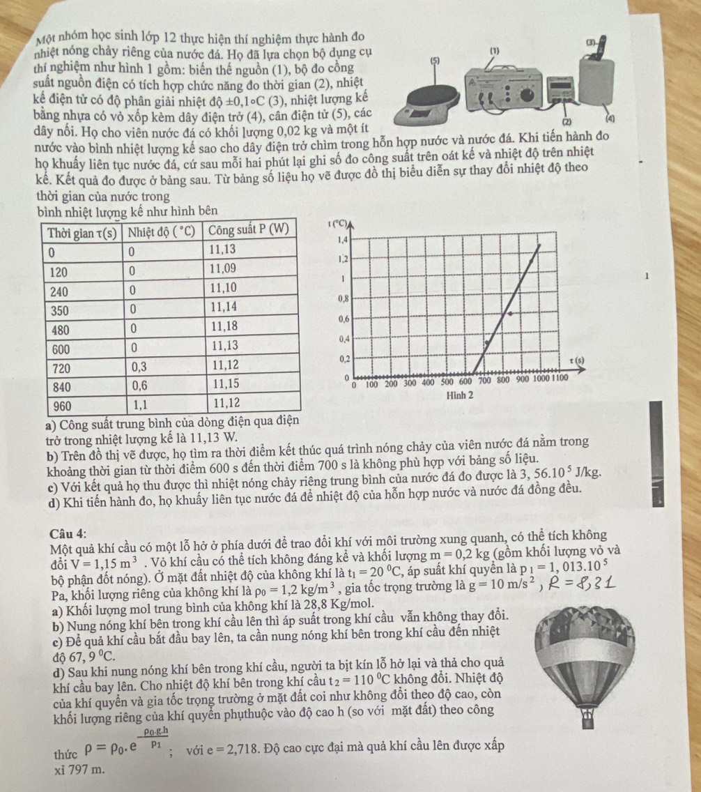 Một nhóm học sinh lớp 12 thực hiện thí nghiệm thực hành đo
nhiệt nóng chảy riêng của nước đá. Họ đã lựa chọn bộ dụng cụ
thí nghiệm như hình 1 gồm: biến thế nguồn (1), bộ đo cồng
suất nguồn điện có tích hợp chức năng đo thời gian (2), nhiệt
kể điện tử có độ phân giải nhiệt dhat Q± 0,1°C(3) , nhiệt lượng kế
bằng nhựa có vỏ xốp kèm dây điện trở (4), cân điện tử (5), cá
dây nổi. Họ cho viên nước đá có khối lượng 0,02 kg và một ít
nước vào bình nhiệt lượng kế sao cho dây điện trở chìm trong hỗn hợp nước và nước đá. Khi tiến hành đo
họ khuẩy liên tục nước đá, cứ sau mỗi hai phút lại ghi số đo công suất trên oát kế và nhiệt độ trên nhiệt
kế. Kết quả đo được ở bảng sau. Từ bảng số liệu họ vẽ được đồ thị biểu diễn sự thay đổi nhiệt độ theo
thời gian của nước trong
bìợng kế như hình bên
1
a) Công suất trung bình của dòng
trở trong nhiệt lượng kế là 11,13 W.
b) Trên đồ thị vẽ được, họ tìm ra thời điểm kết thúc quá trình nóng chảy của viên nước đá nằm trong
khoảng thời gian từ thời điểm 600 s đến thời điểm 700 s là không phù hợp với bảng số liệu.
c) Với kết quả họ thu được thì nhiệt nóng chảy riêng trung bình của nước đá đo được là 3. 56.10^5 J/kg.
d) Khi tiến hành đo, họ khuấy liên tục nước đá đề nhiệt độ của hỗn hợp nước và nước đá đồng đều.
Câu 4:
Một quả khí cầu có một lỗ hở ở phía dưới để trao đổi khí với môi trường xung quanh, có thể tích không
đổi V=1,15m^3. Vỏ khí cầu có thể tích không đáng kể và khối lượng m=0,2kg (gồm khối lượng vỏ và
bộ phận đốt nóng). Ở mặt đất nhiệt độ của không khí là t_1=20°C , áp suất khí quyển là p_1=1,013.10^5
Pa, khối lượng riêng của không khí là rho _0=1,2kg/m^3 , gia tốc trọng trường là g=10m/s^2,R= ,?1
a) Khối lượng mol trung bình của không khí là 28,8 Kg/mol.
b) Nung nóng khí bên trong khí cầu lên thì áp suất trong khí cầu vẫn không thay đổi.
c) Để quả khí cầu bắt đầu bay lên, ta cần nung nóng khí bên trong khí cầu đến nhiệt
độ 67,9°C.
d) Sau khi nung nóng khí bên trong khí cầu, người ta bịt kín lỗ hở lại và thả cho quả
khí cầu bay lên. Cho nhiệt độ khí bên trong khí cầu t_2=110°C không đổi. Nhiệt độ
của khí quyển và gia tốc trọng trường ở mặt đất coi như không đổi theo độ cao, còn
khối lượng riêng của khí quyển phụthuộc vào độ cao h (so với mặt đất) theo công
thức rho =rho _0.e^(-frac rho _0)ghp_1.; với e=2,718. Độ cao cực đại mà quả khí cầu lên được xấp
xi797m.