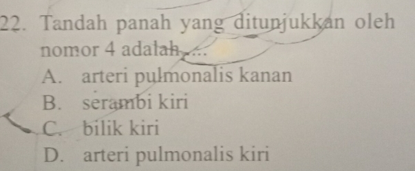 Tandah panah yang ditunjukkan oleh
nomor 4 adalah...
A. arteri pulmonalis kanan
B. serambi kiri
C. bilik kiri
D. arteri pulmonalis kiri